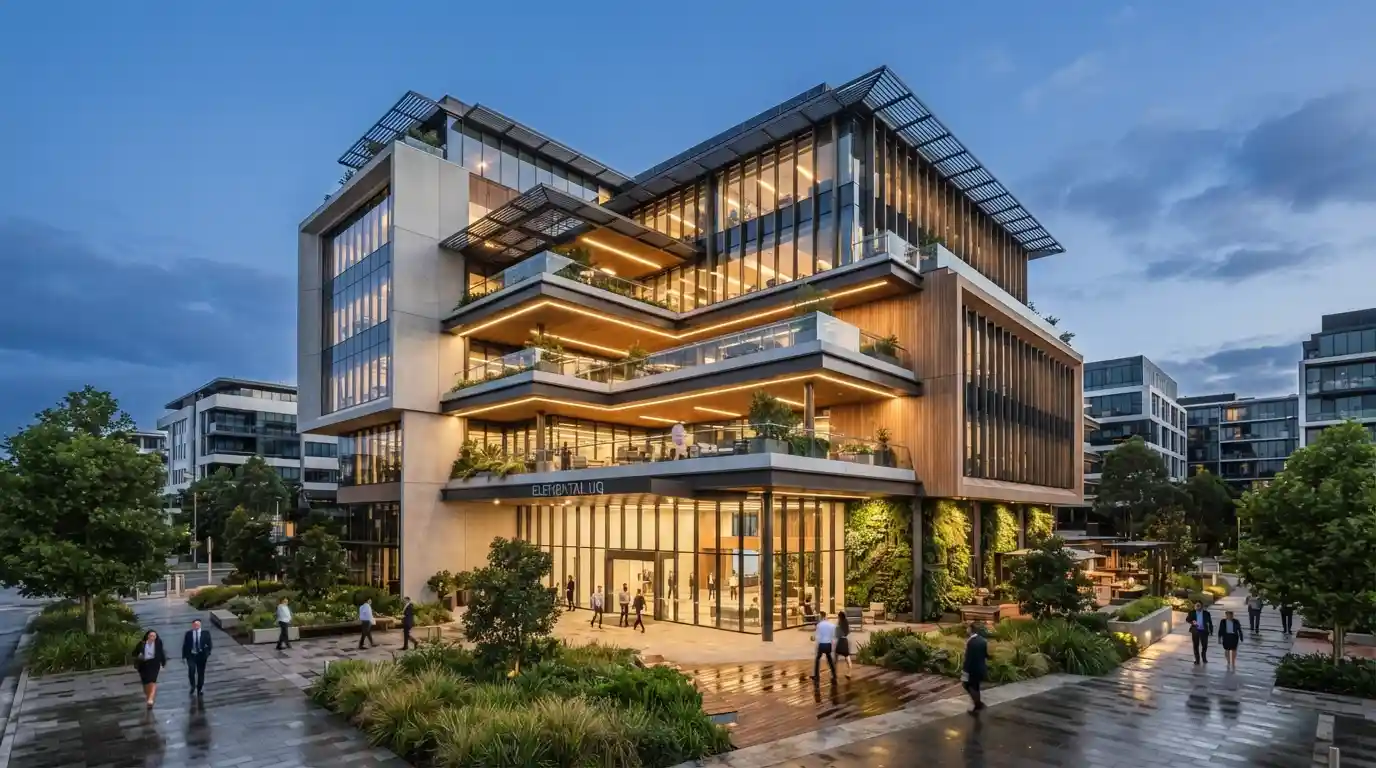 Contemporary building combining modern architecture, sustainable design, and innovative technology