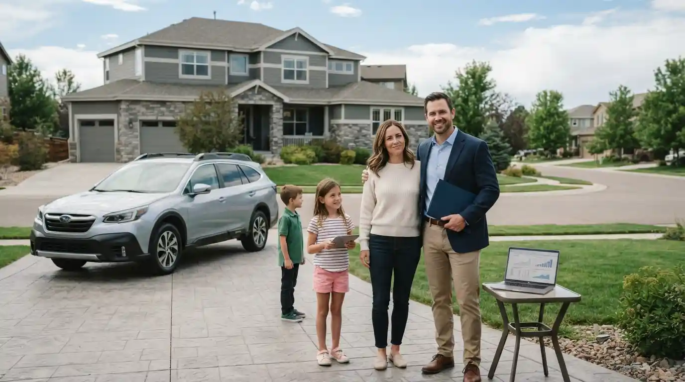 Family and home with a vehicle representing comprehensive insurance protection