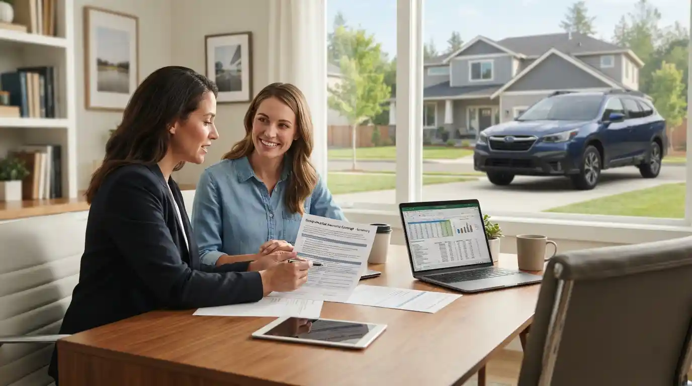 Family reviewing insurance coverage documents with a professional advisor while a vehicle and home are visible in the background