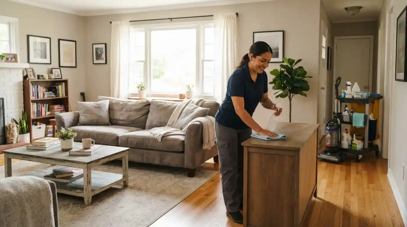 Professional cleaner maintaining a bright and comfortable home interior