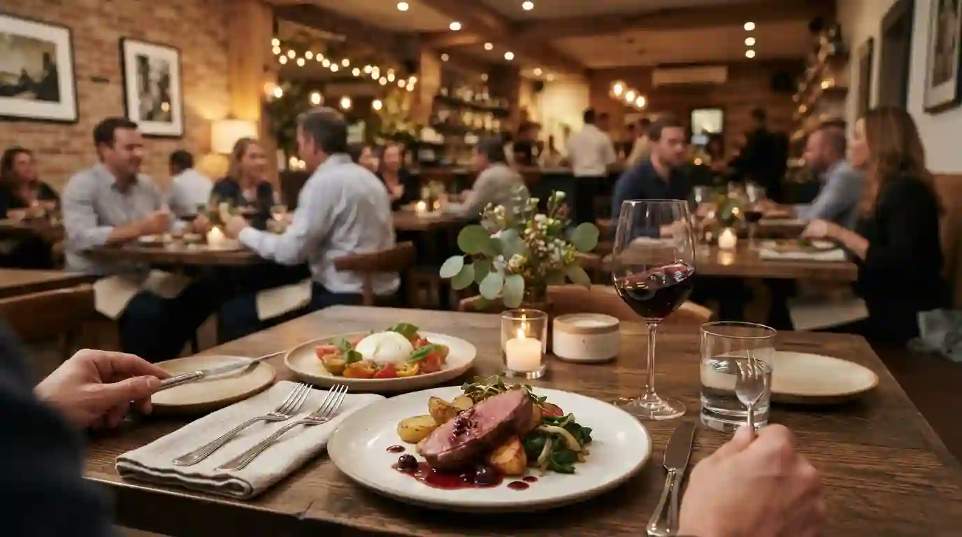 Elegant restaurant table with a gourmet meal and warm dining atmosphere