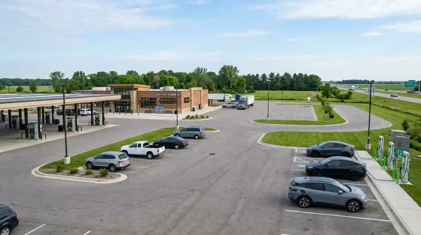 American highway travel plaza with a fuel station, parked vehicles, and electric vehicle charging facilities.