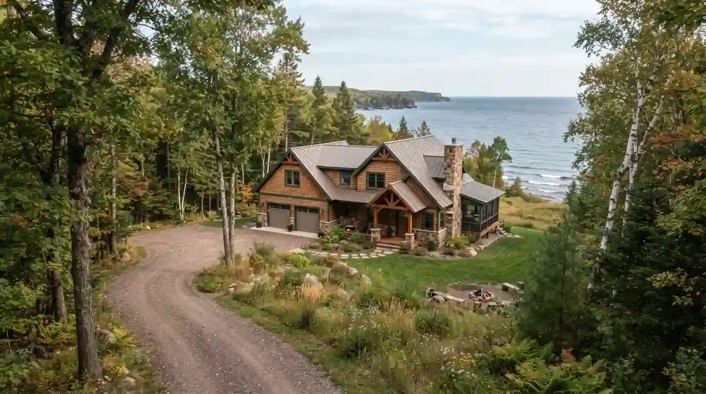 Rural Wisconsin home surrounded by trees with Lake Superior scenery in the background