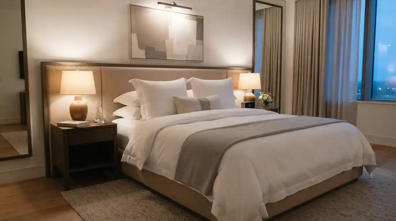 Luxury bedroom with plush white hotel-style pillows arranged on a neatly made bed