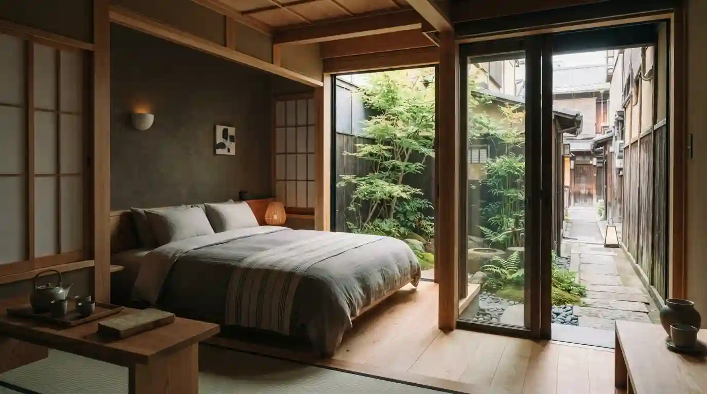 Japanese-inspired boutique hotel room opening onto a private courtyard garden in Kyoto
