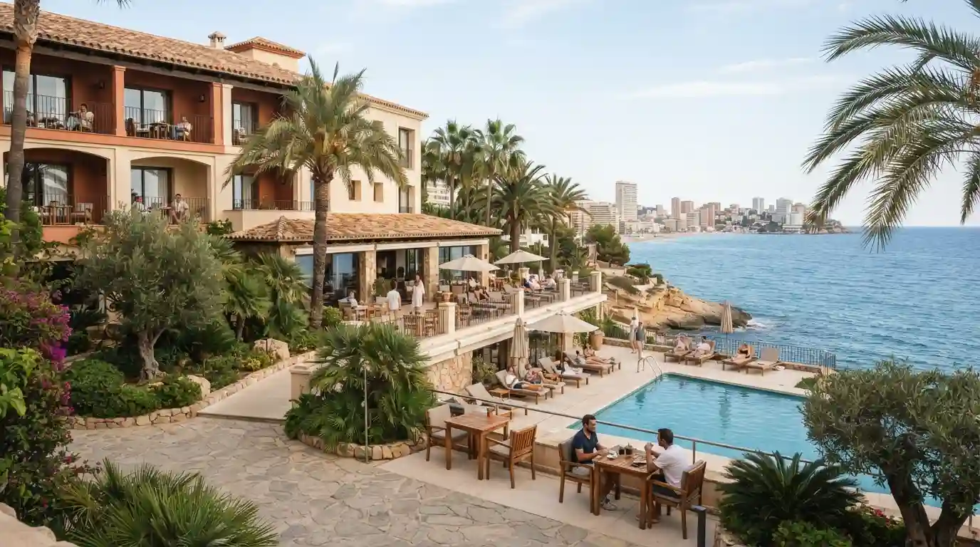 Mediterranean hotel setting in Benidorm overlooking the Costa Blanca coastline