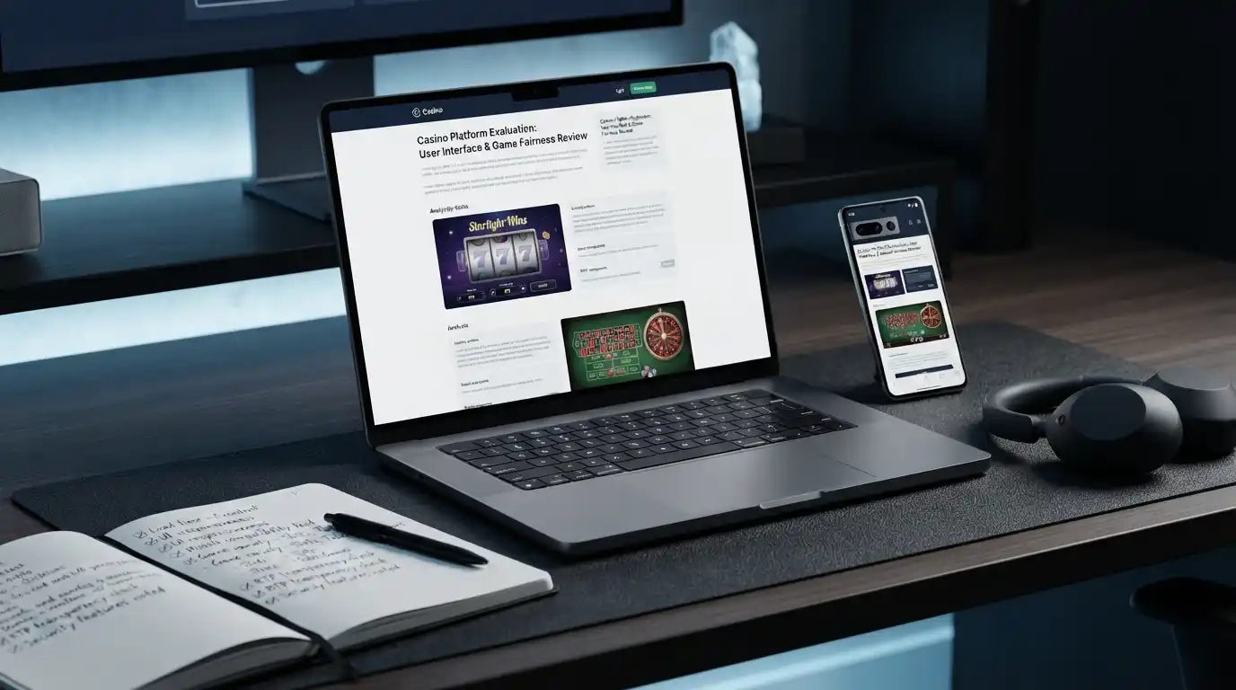 Laptop and smartphone displaying a modern online casino gaming interface during an Ice Casino review