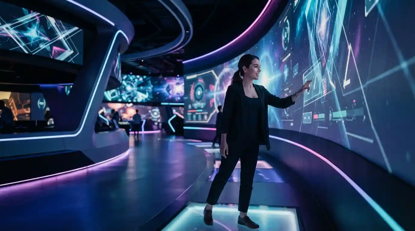 Person exploring a futuristic interactive entertainment environment with cinematic digital displays