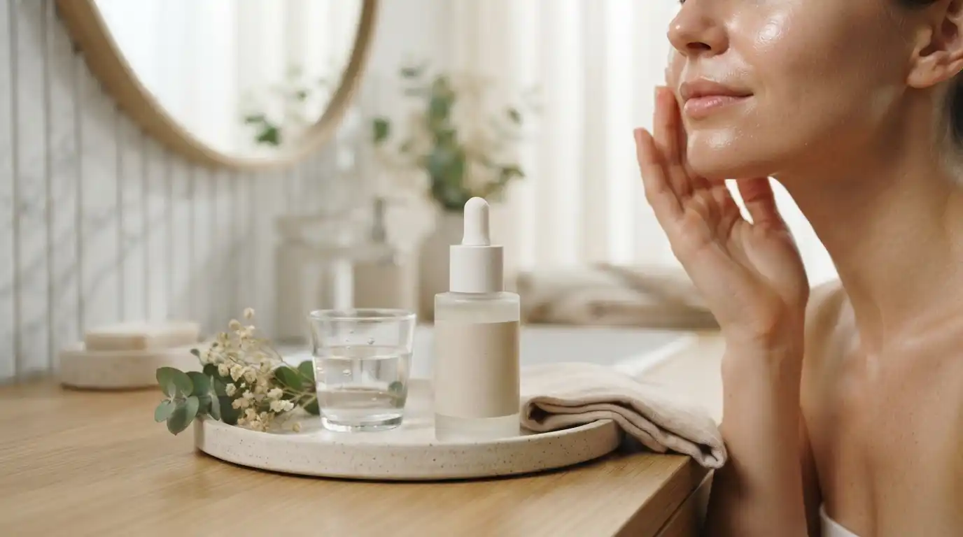Unbranded skincare product displayed on a bright vanity with botanical beauty accessories
