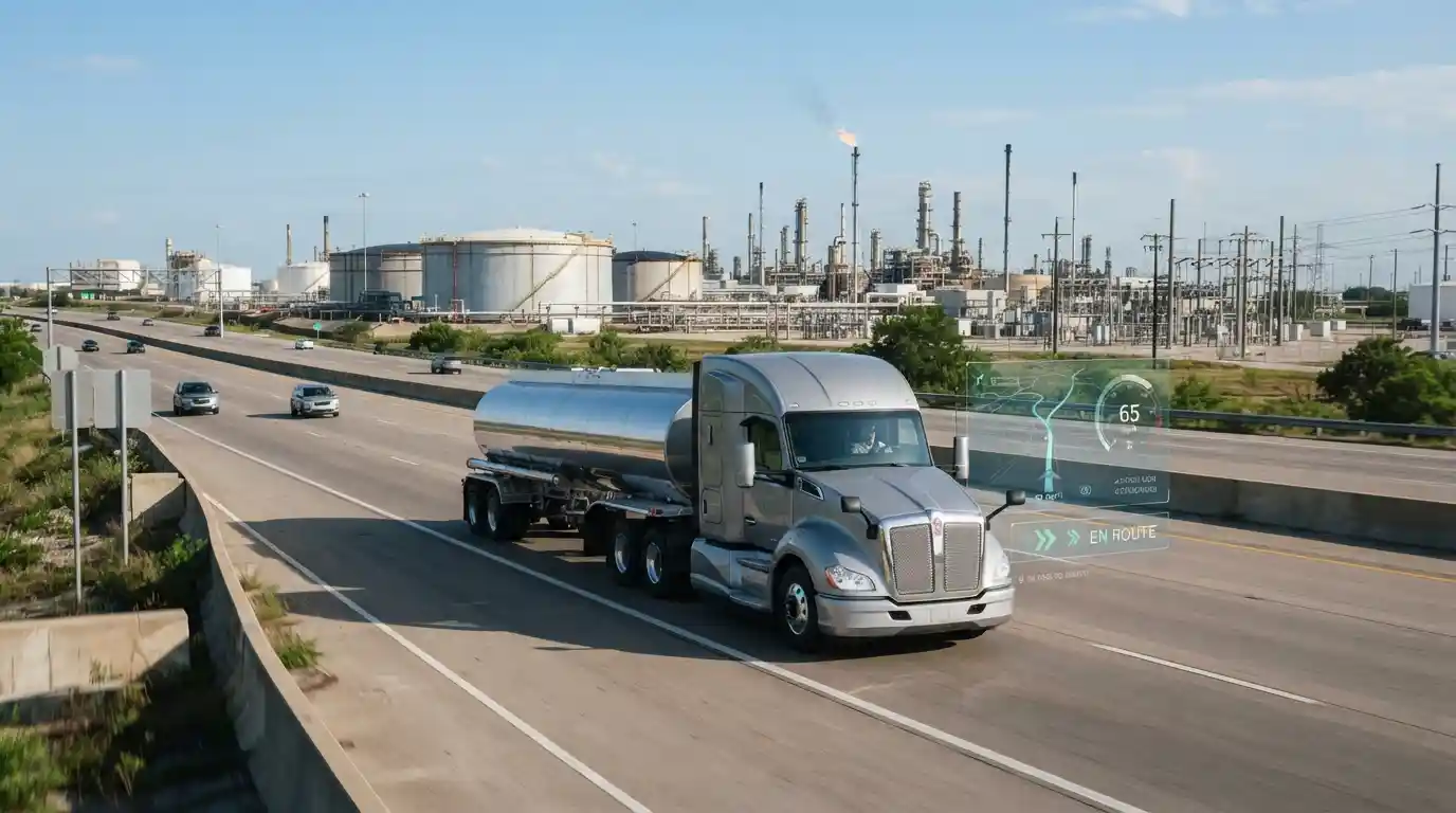 Energy transportation truck traveling along a highway near industrial energy infrastructure