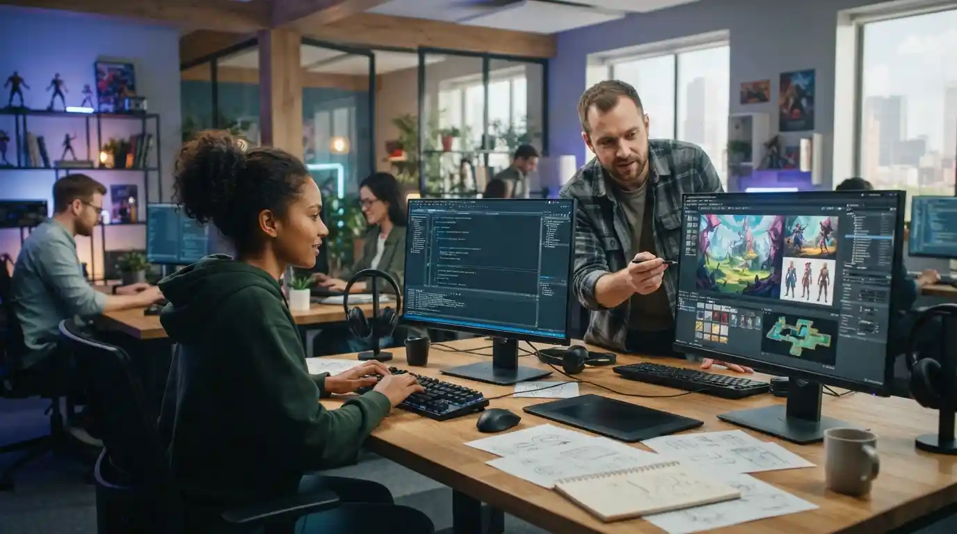 Game development professionals collaborating in a modern gaming studio
