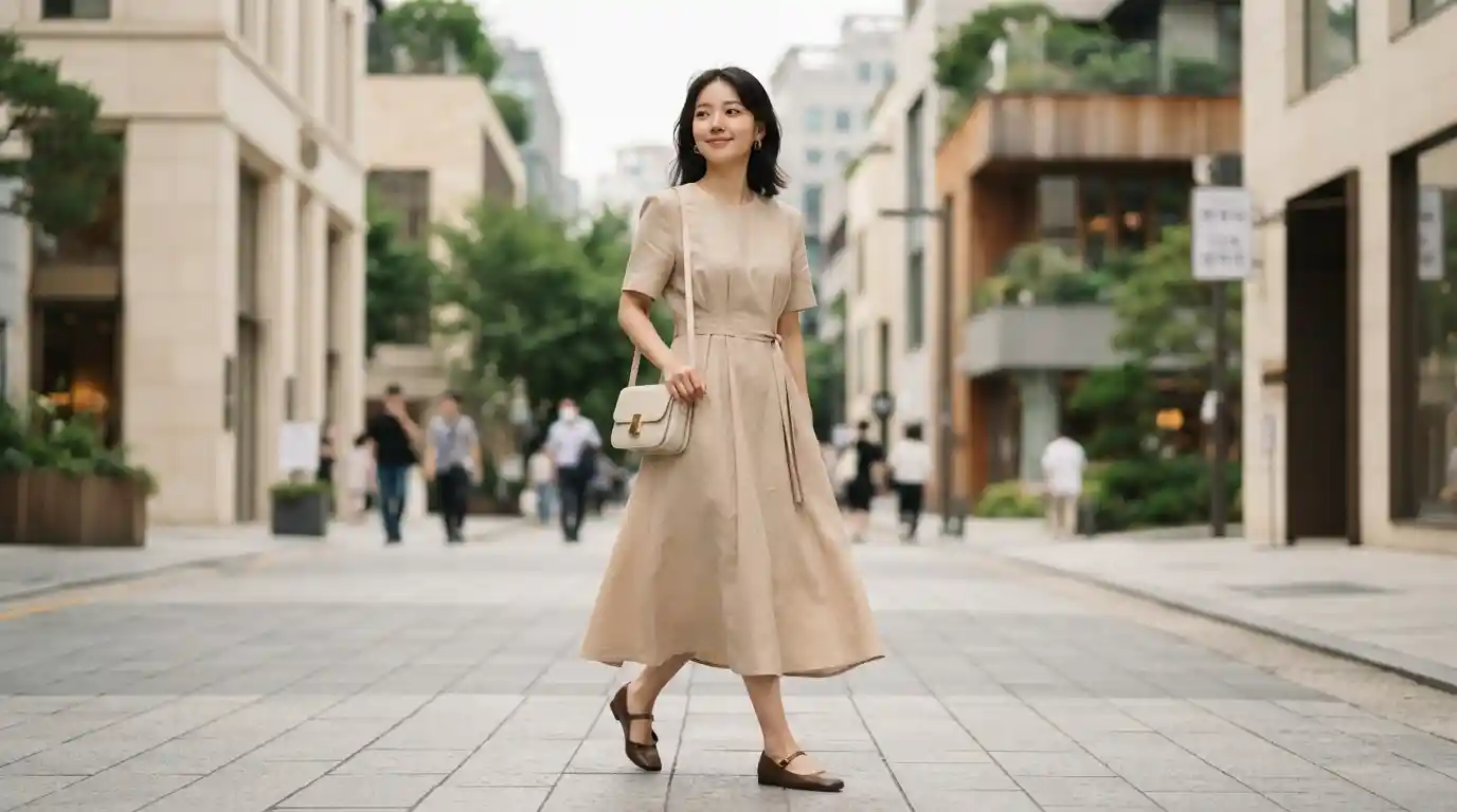 Woman wearing a contemporary Korean-inspired midi dress with minimalist accessories on a Seoul-style urban street.