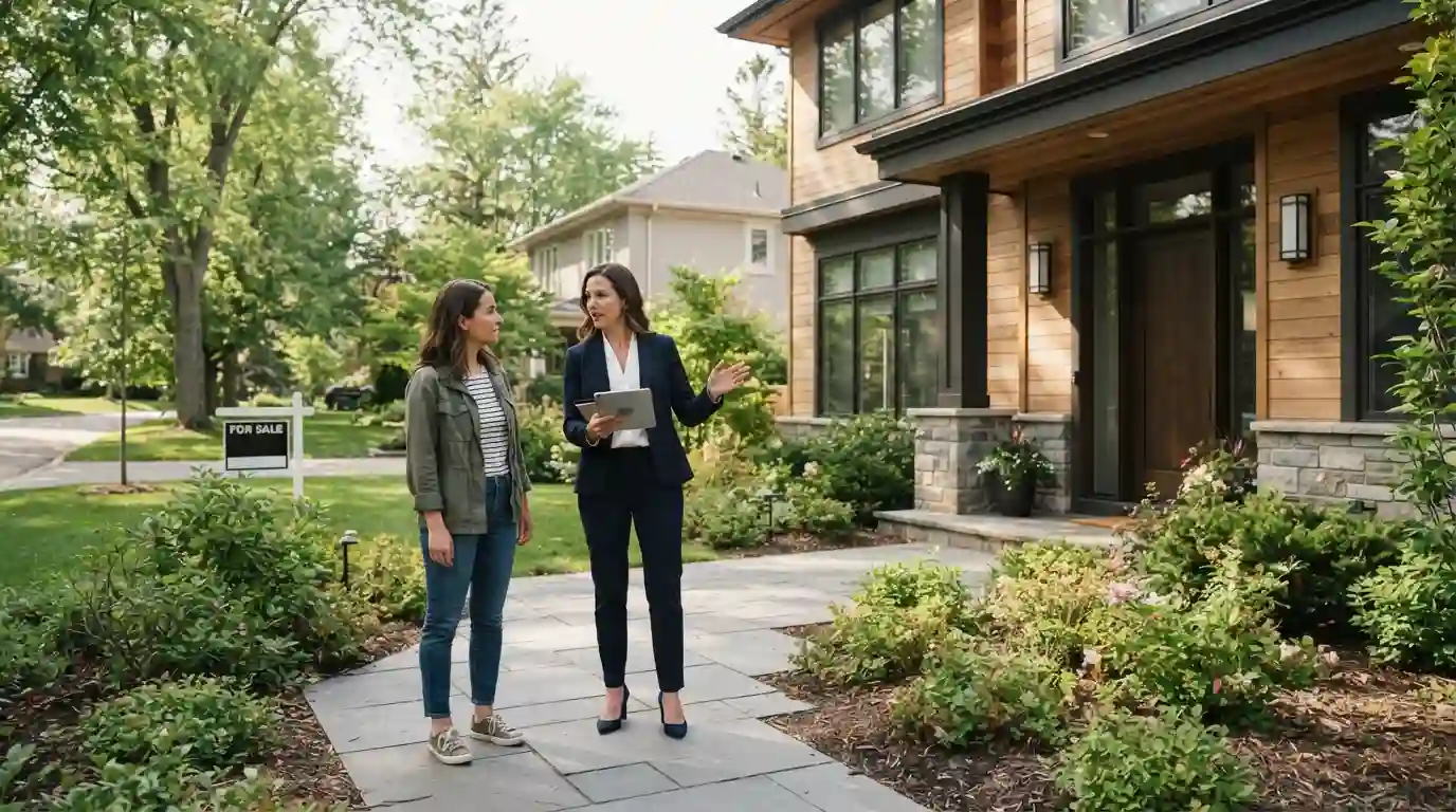 Real estate agent discussing a residential property with a prospective homebuyer
