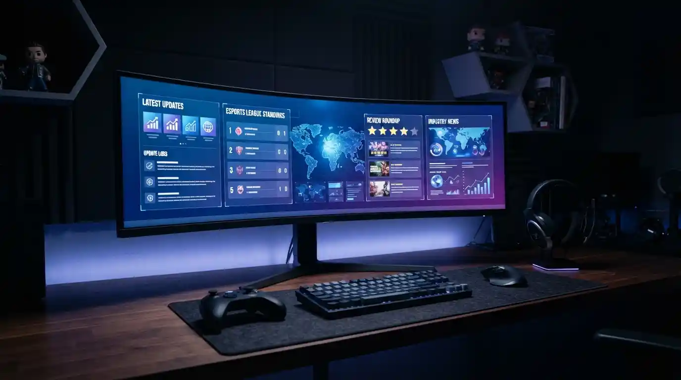 Modern gaming desk with a monitor displaying gaming news updates beside a controller and headset