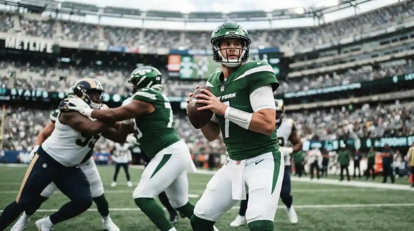 Jets quarterback preparing to make a pass during an NFL game