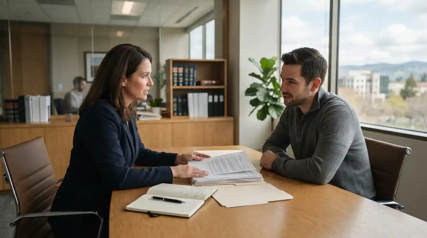 Lawyer reviewing legal documents with a client during a consultation in Santa Rosa