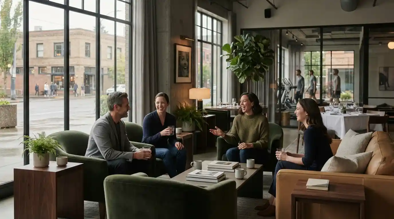 Members socializing in a sophisticated Portland lifestyle club lounge with wellness-focused amenities