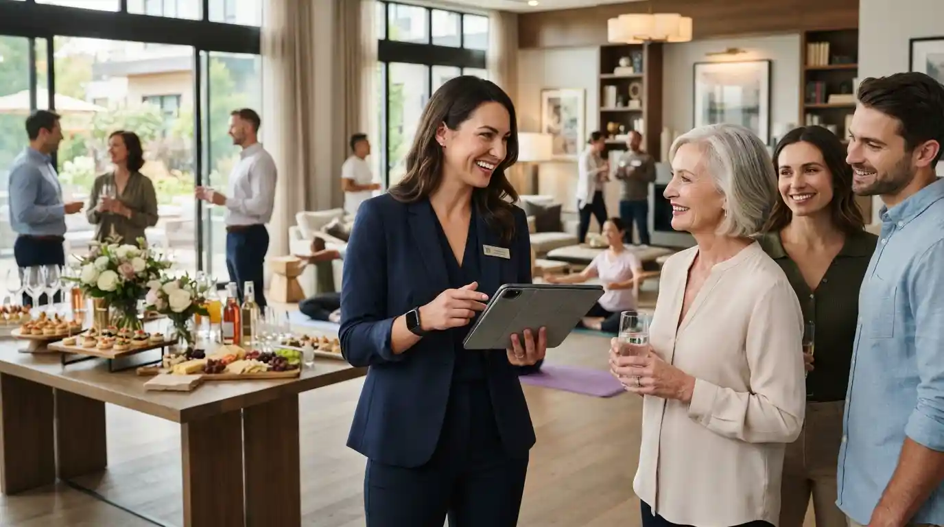 Lifestyle Director coordinating an upscale community event while reviewing an event schedule