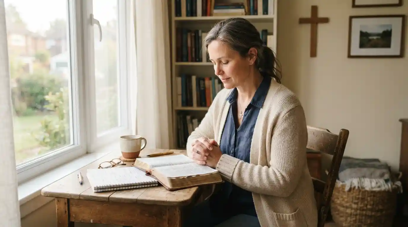 Christian adult praying beside an open Bible and prayer journal in a peaceful home setting