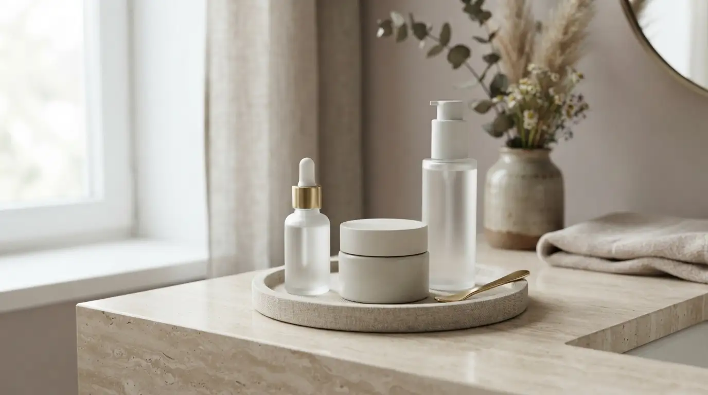 Luxury skincare products arranged on a refined vanity for a modern beauty routine