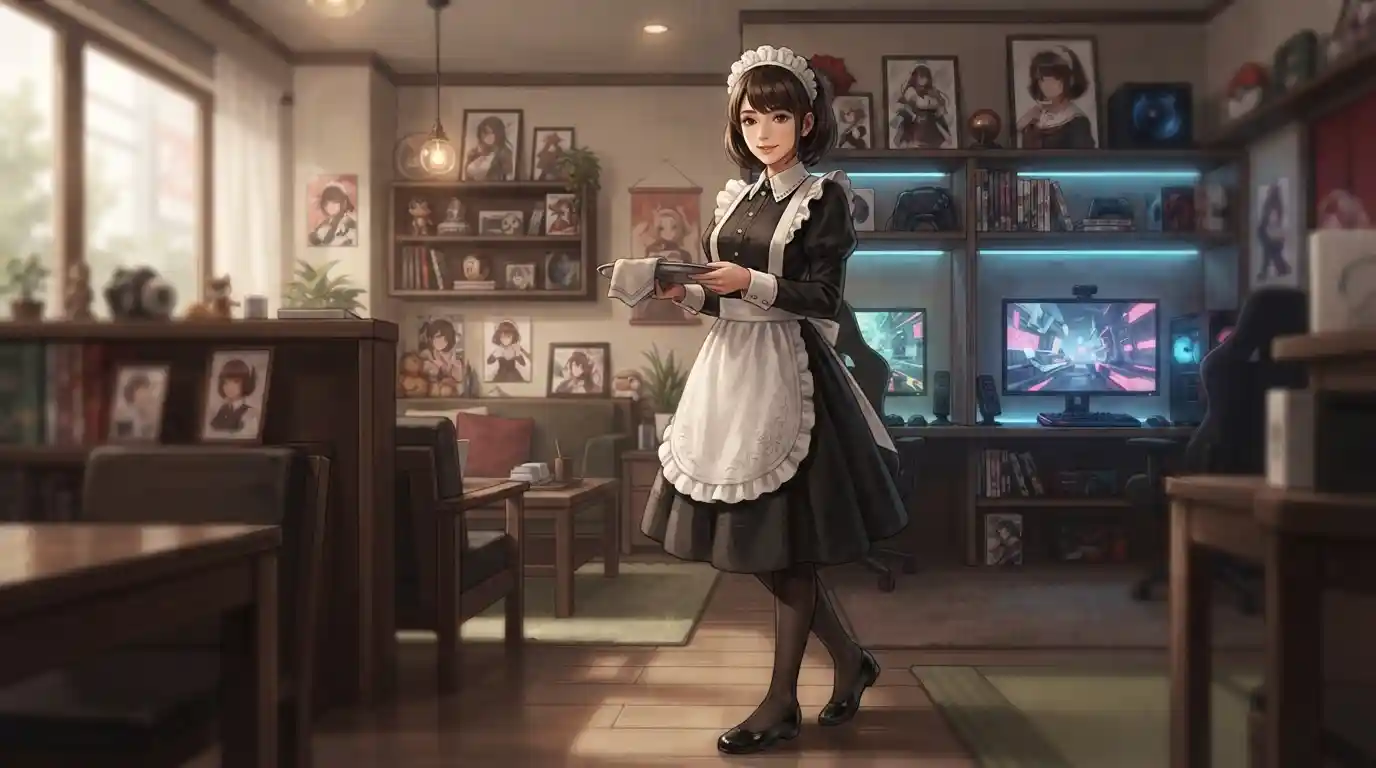 Adult anime-style maid character in a Japanese-inspired entertainment café with digital media and gaming elements