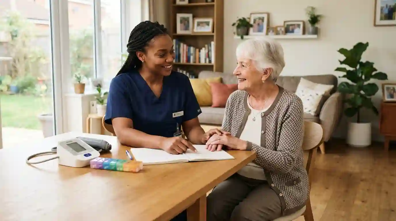 Healthcare caregiver assisting an older adult with personalized care at home