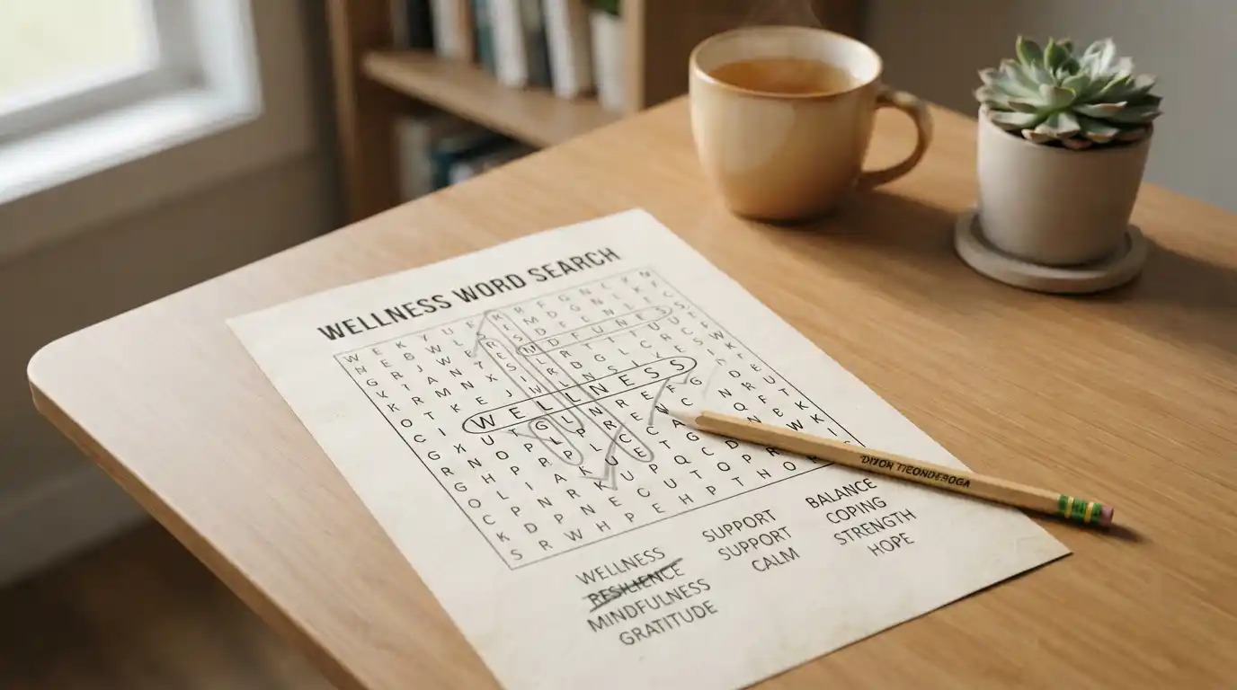 Mental health word search puzzle with positive wellness words and a pencil on a quiet desk