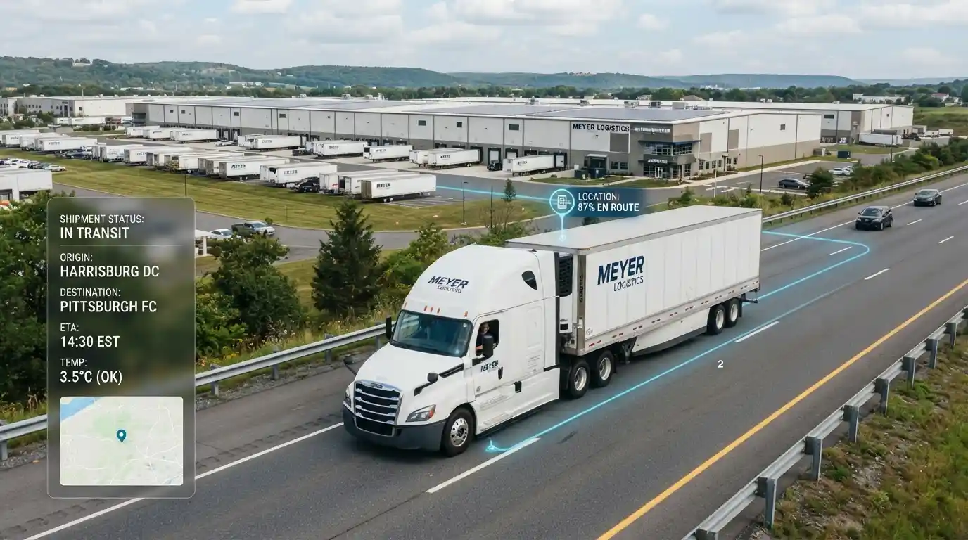 Freight truck traveling near a distribution facility with digital shipment tracking and route information
