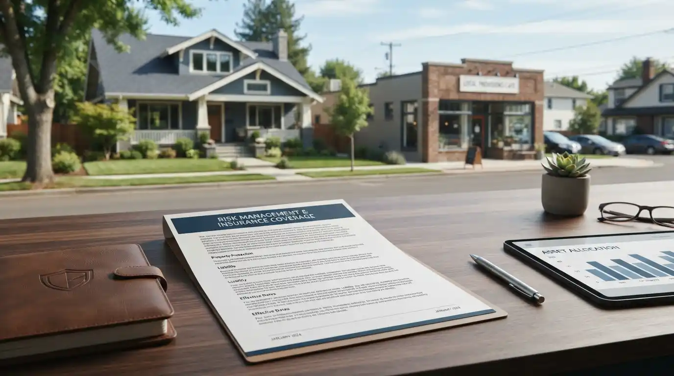Insurance policy documents displayed with a modern home and business property in the background