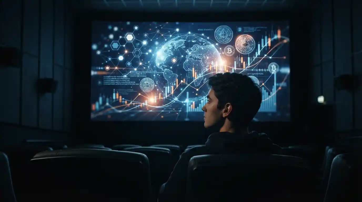 Cinema screen showing cryptocurrency networks, digital transactions, and financial data while a viewer watches.