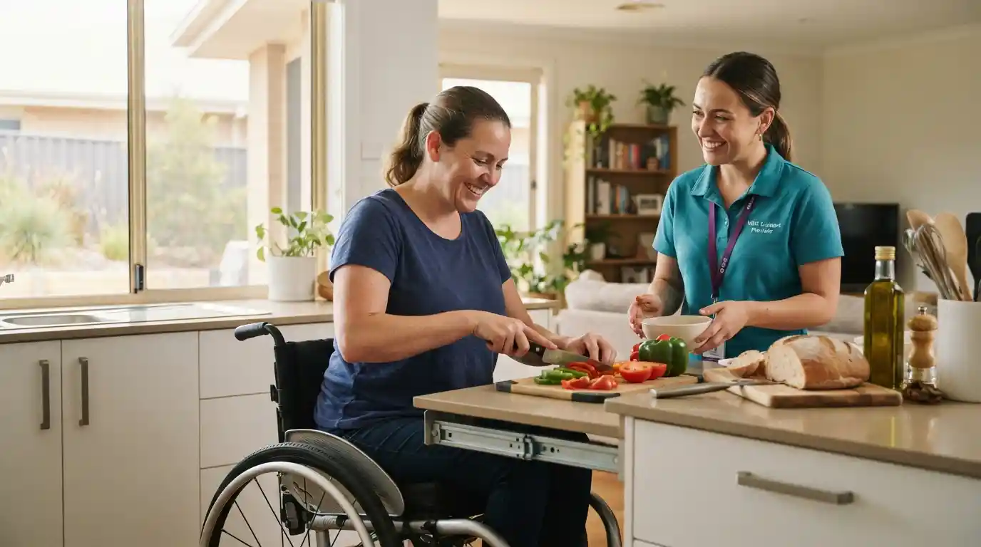 Adult participant receiving respectful home support from a disability support worker
