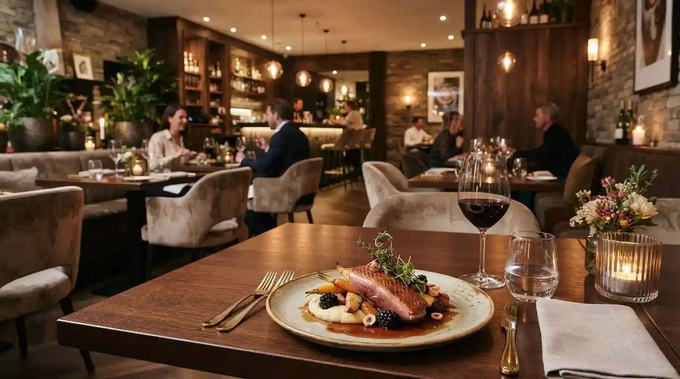 Elegant restaurant dining room with a beautifully plated gourmet meal and warm ambient lighting