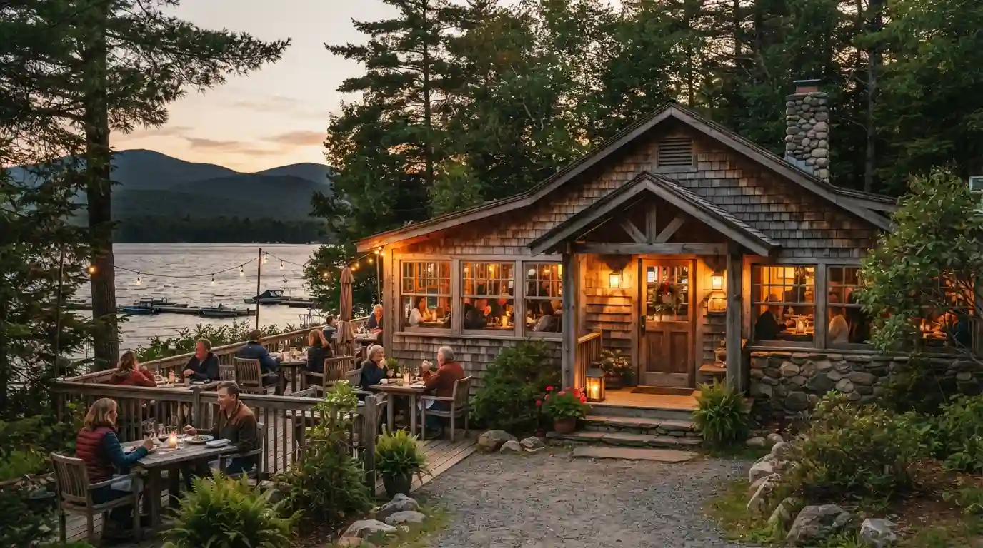 Rustic New England restaurant surrounded by the natural scenery of Oquossoc, Maine