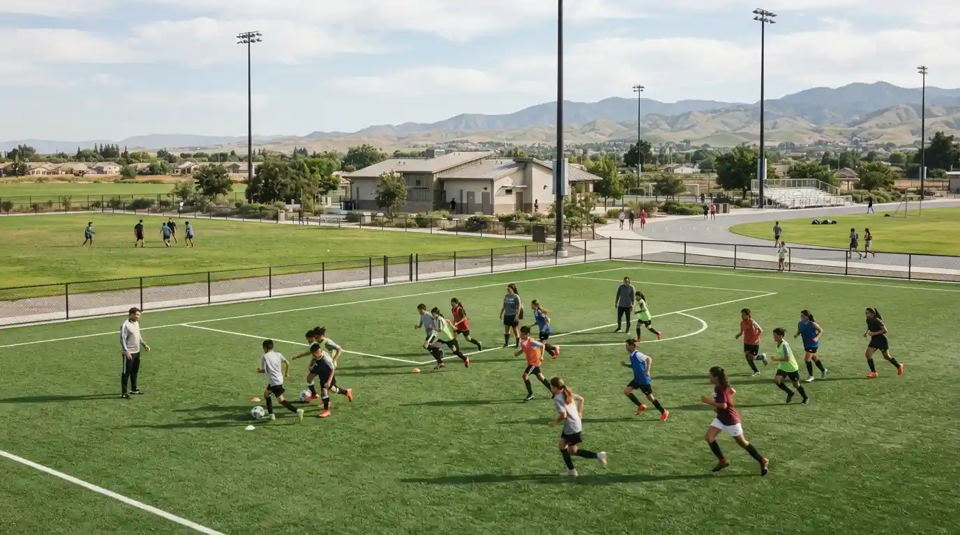Athletes training on outdoor sports fields at a community sports complex