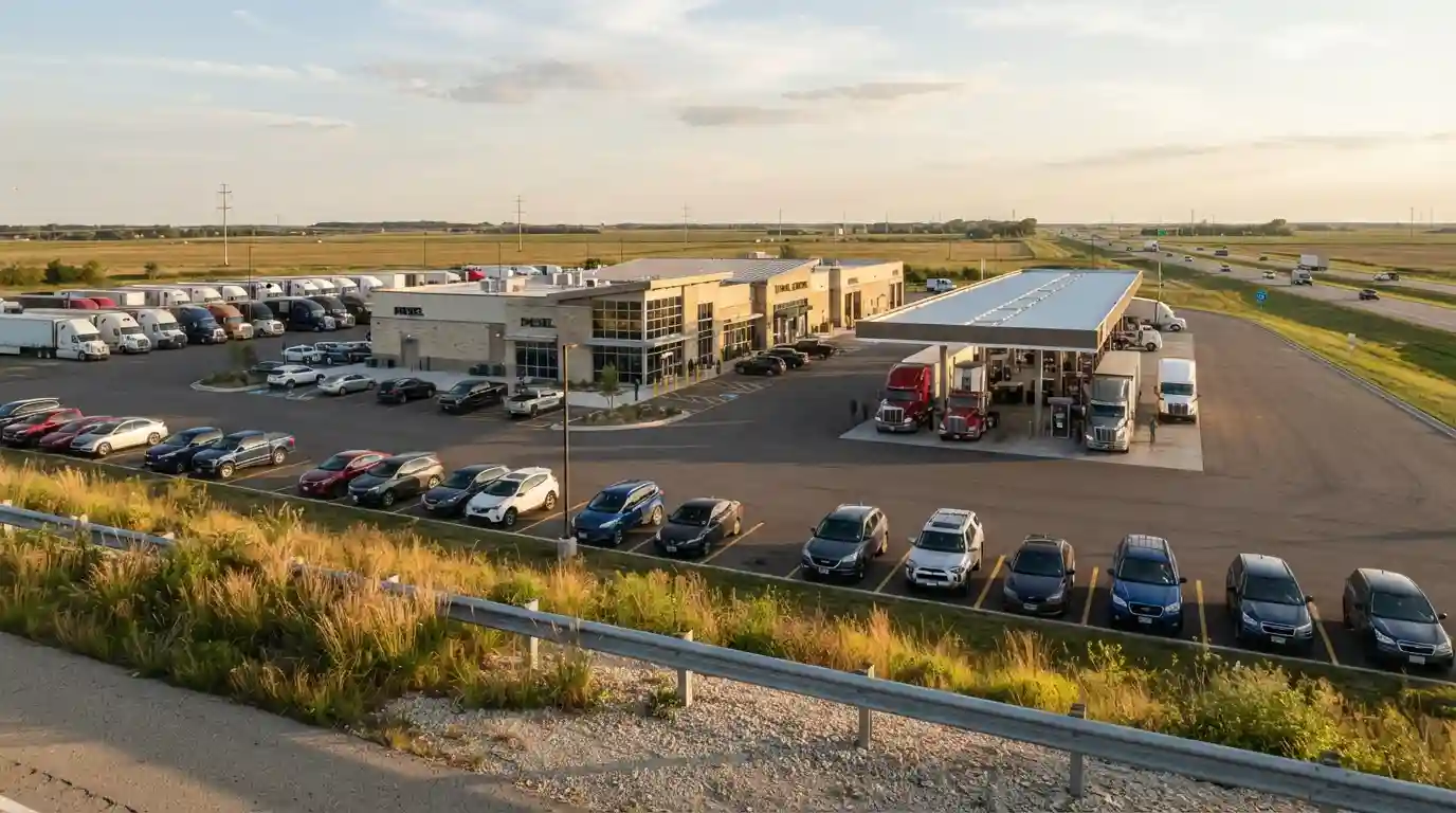 Peotone Travel Center in Illinois with its highway-facing building, fuel area, and truck parking