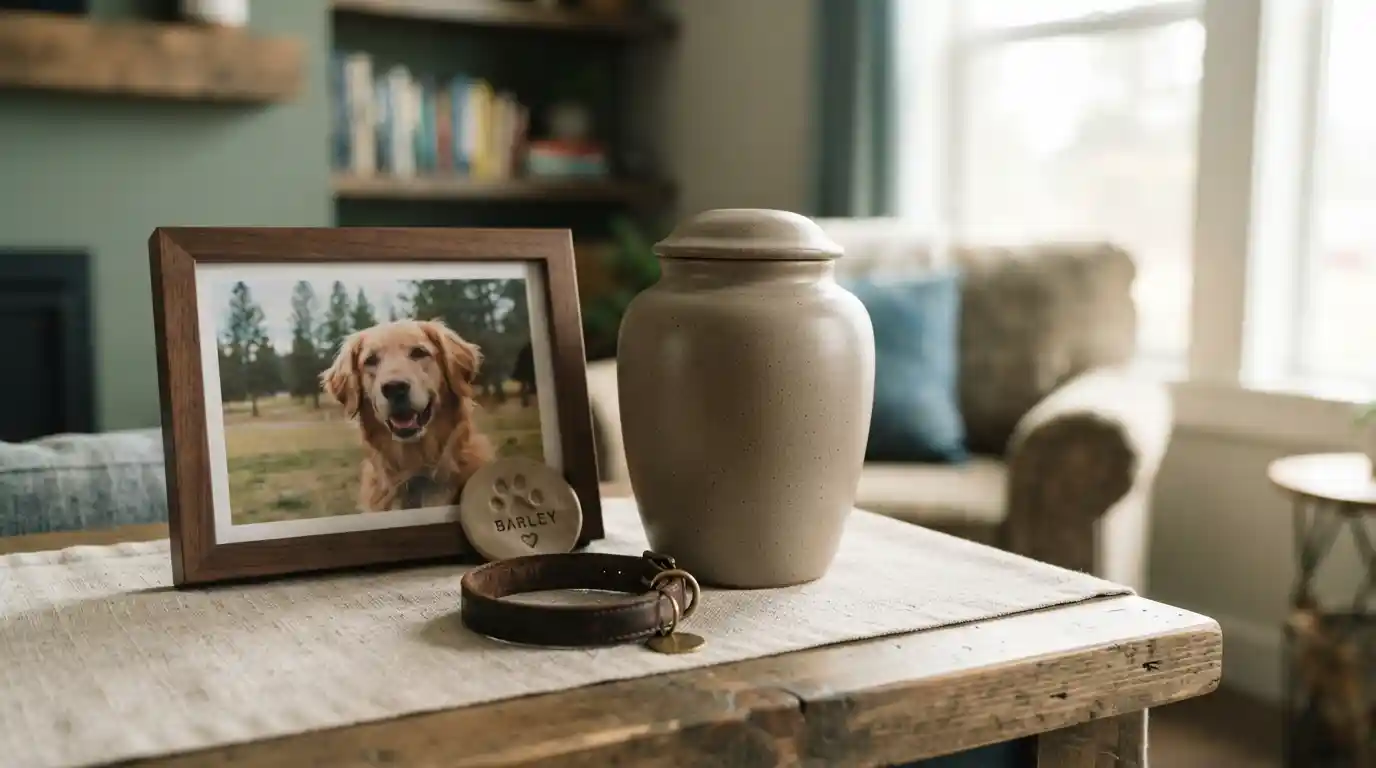 A peaceful pet memorial with an urn, framed dog photograph, and keepsake collar