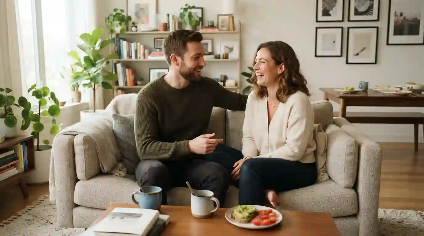 Adult couple having a warm conversation together at home