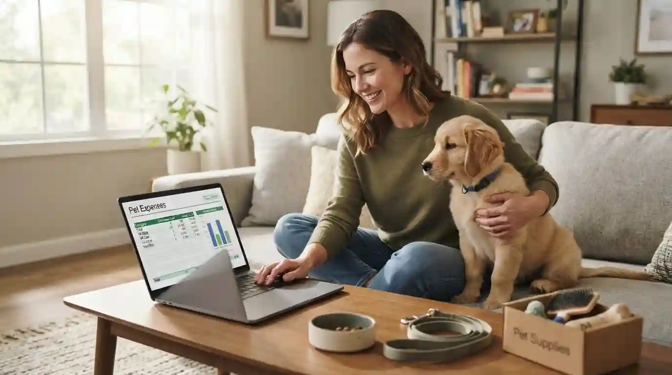 Pet owner planning monthly pet expenses with a puppy at home