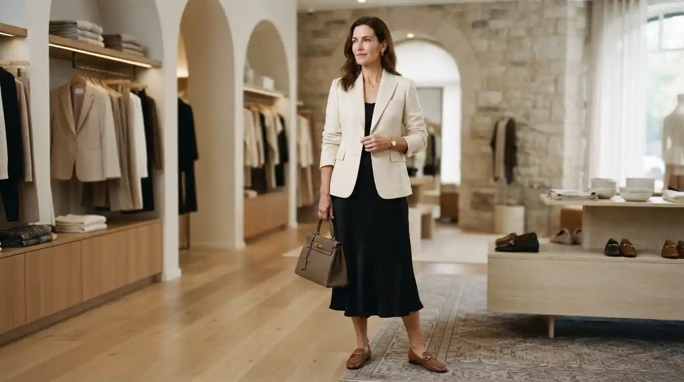 Woman wearing a sophisticated timeless outfit with a tailored jacket, elegant dress, handbag, and refined accessories