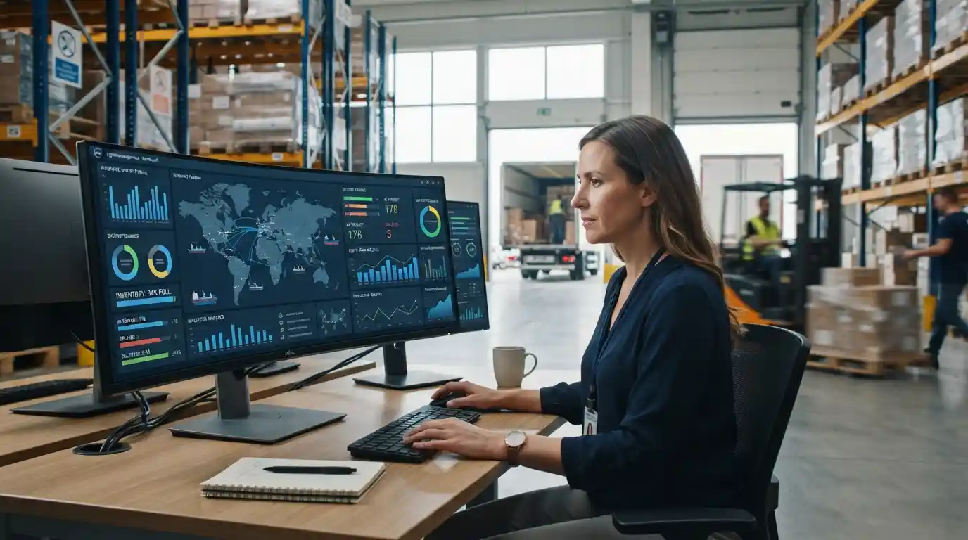 Logistics manager reviewing shipment tracking and inventory information on a digital supply-chain dashboard in a warehouse