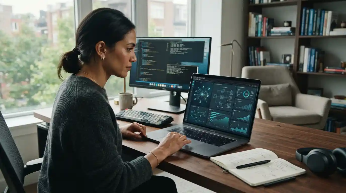 Professional working remotely on a laptop with blockchain and digital-finance technology displayed on screen
