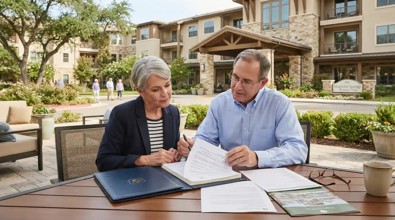 Older couple reviewing a retirement community agreement and financial documents
