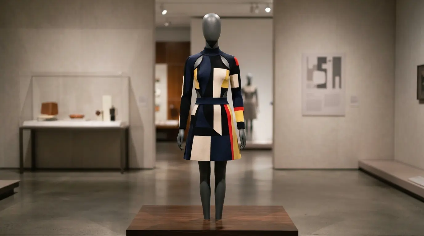 Abstract 1960s-inspired fashion ensemble representing Rudi Gernreich's innovative design legacy