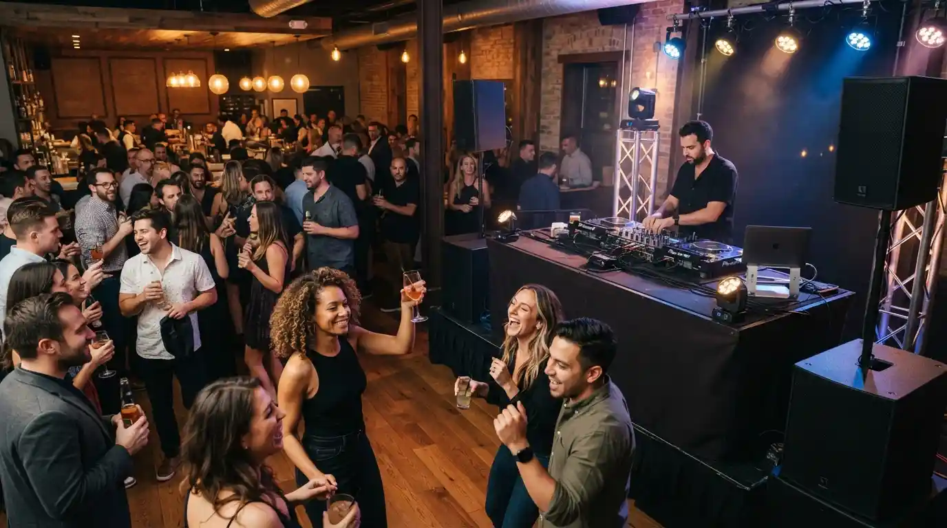 DJ and guests enjoying a professionally arranged live entertainment event