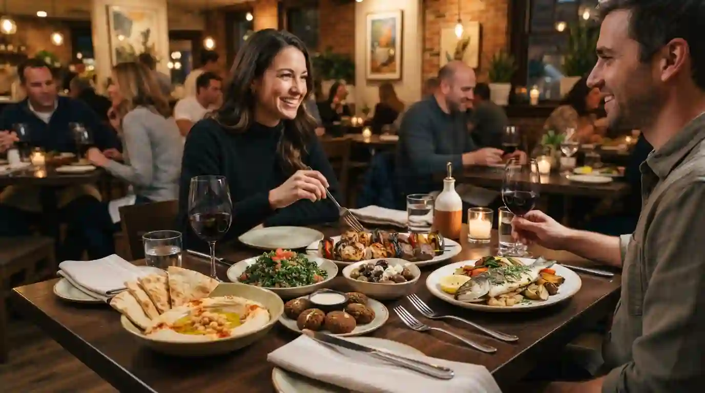 Mediterranean dishes served on a table in an inviting restaurant setting in Phoenixville, Pennsylvania