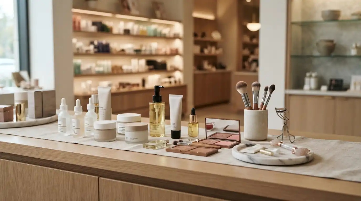 Skincare, haircare, makeup, and beauty products arranged in an upscale beauty supply setting