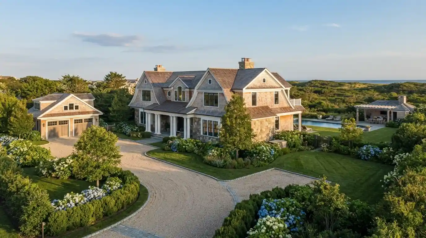 Luxury Hamptons-style estate surrounded by landscaped grounds representing high-end real estate investment.