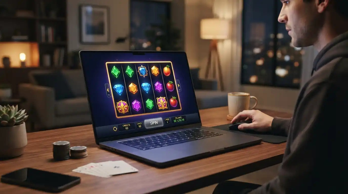 Modern online casino-style gaming interface on a laptop with casino chips in a home entertainment setting