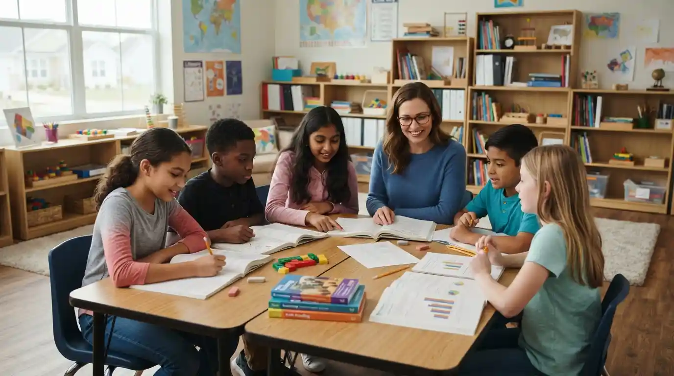 Students working together with educational workbooks while a teacher guides a classroom learning activity