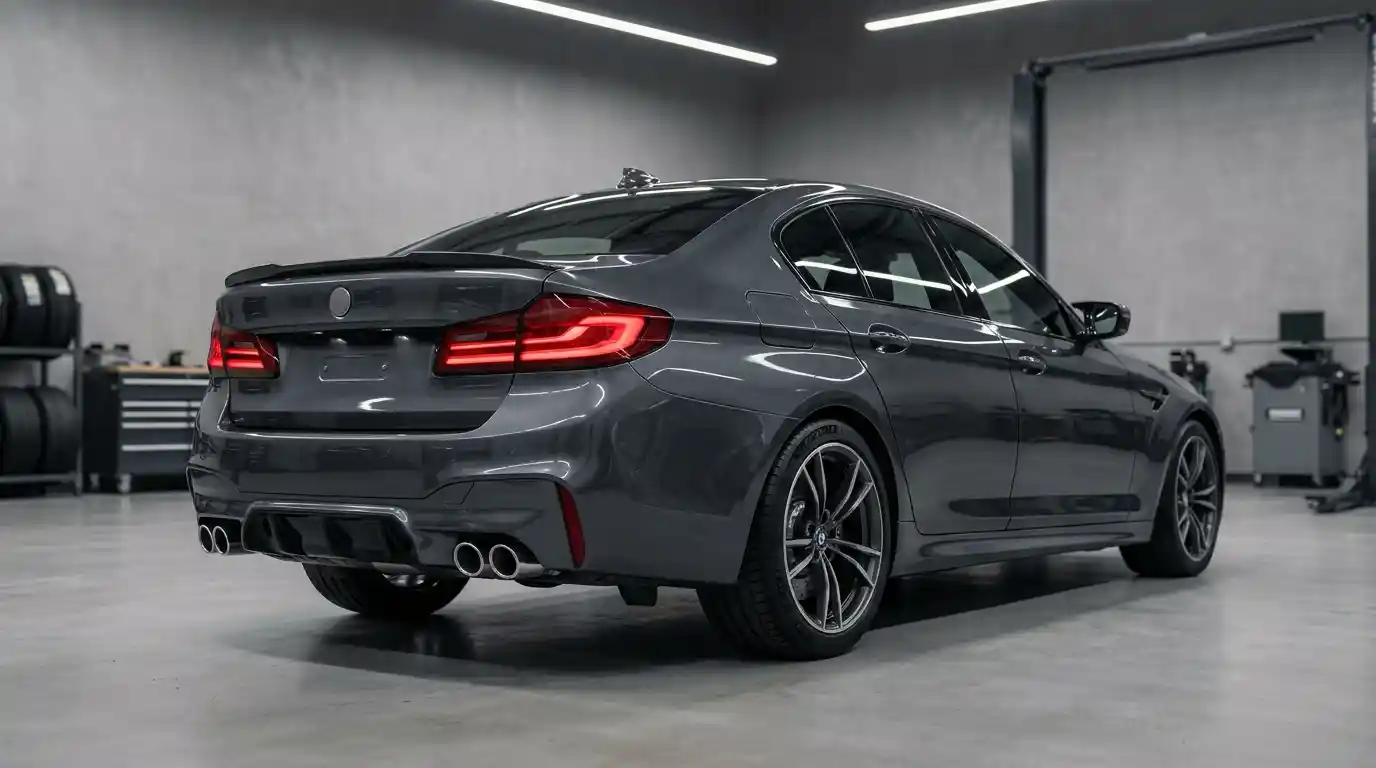 Modern dark gray sedan with smoked red tail lights illuminated in an automotive workshop.